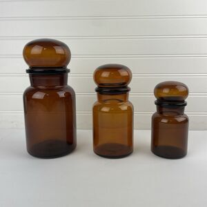 Set of 3 Vintage Belgium Amber Brown Glass Apothecary Jars Bubble Top Canisters